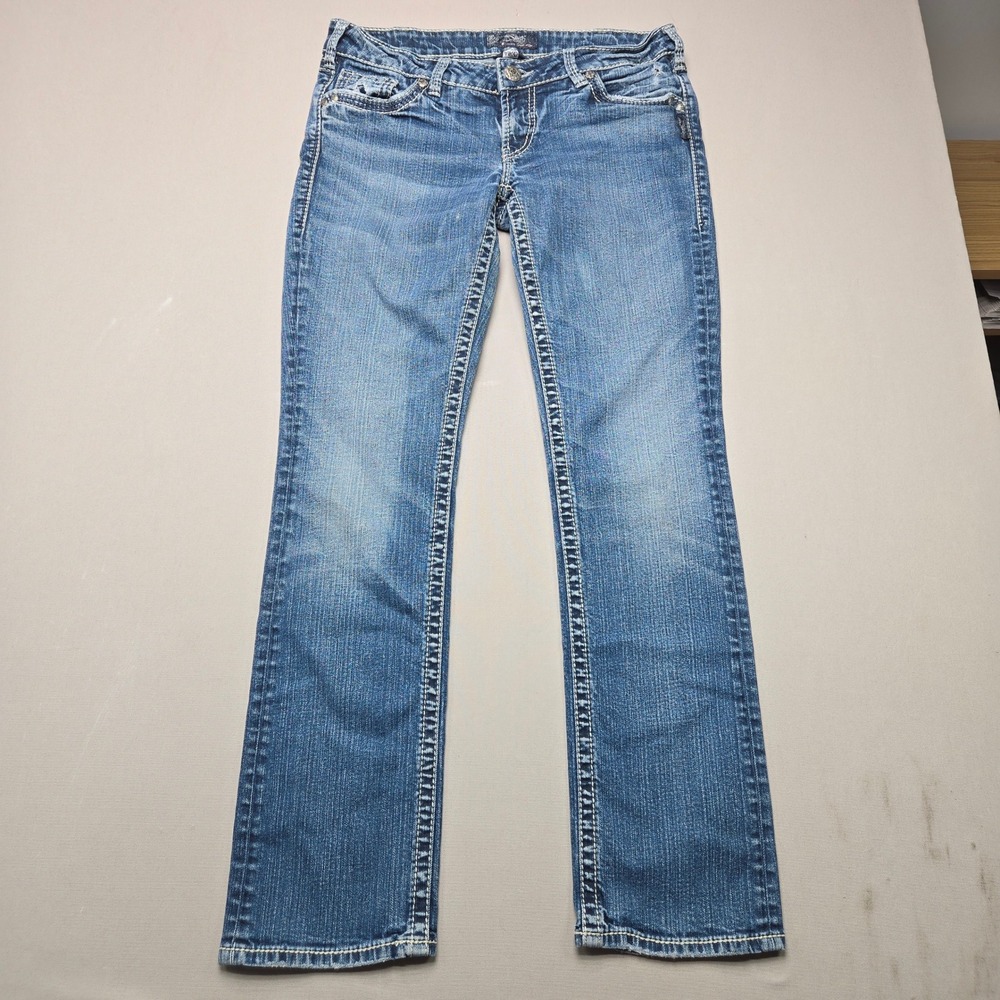 Silver Jeans Co Aiko Mid Straight Flap Pocket Contrast Stitch Blue Women 31x32